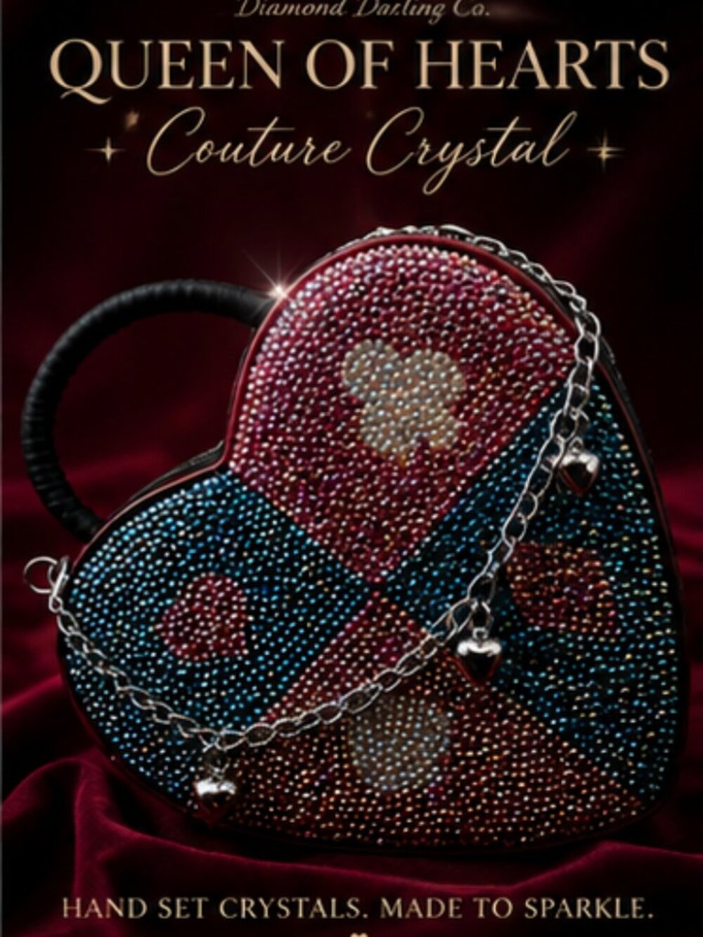 Queen of Hearts Crystal Heart Bag | Hand Set Rhinestone Couture Purse |